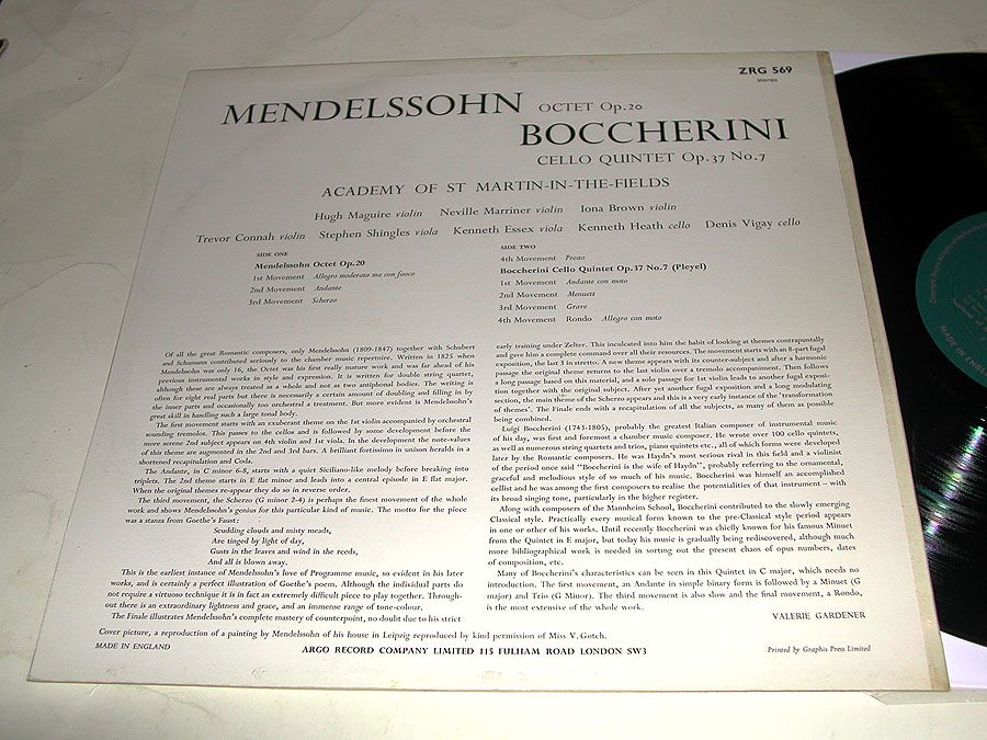 Mendelssohn Octet Boccherini 5TET Stereo UK Argo LP ZRG 569 NM NM 