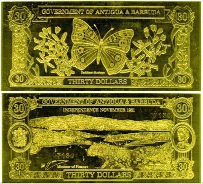 23kt Gold $30 Antigua Bank Note   Buckeye BUTTERFLY   RARE #5