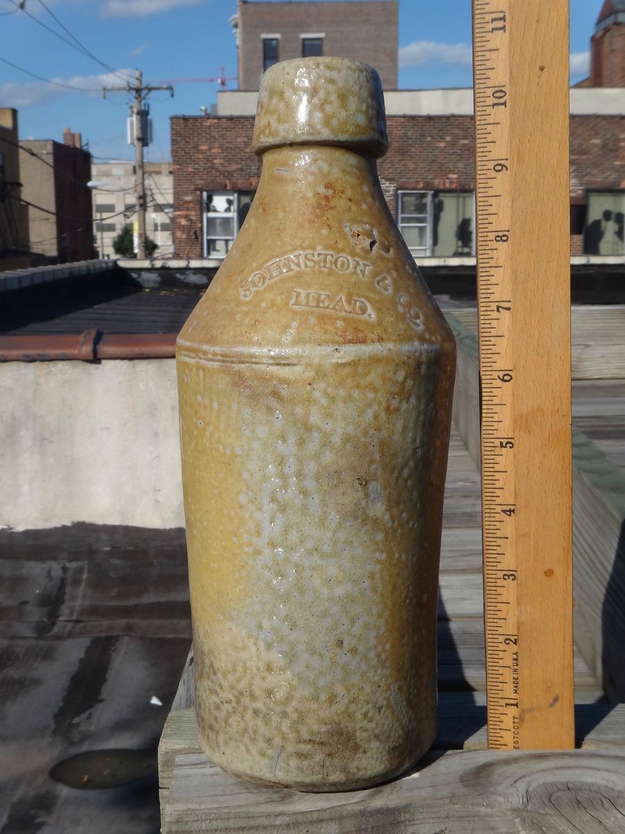 JOHNSTON & CO MEAD PHILA ~ ANTIQUE STONEWARE MEAD BOTTLE