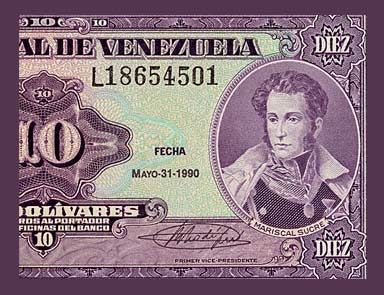 10 Bolivares Note Venezuela 1990 Bolivar Sucre UNC