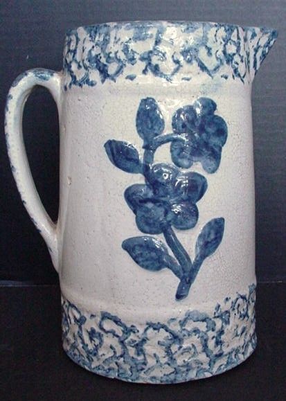 ANTIQUE STONEWARE PITCHER BLUE WHITE SPONGEWARE FLOWER MOTIF