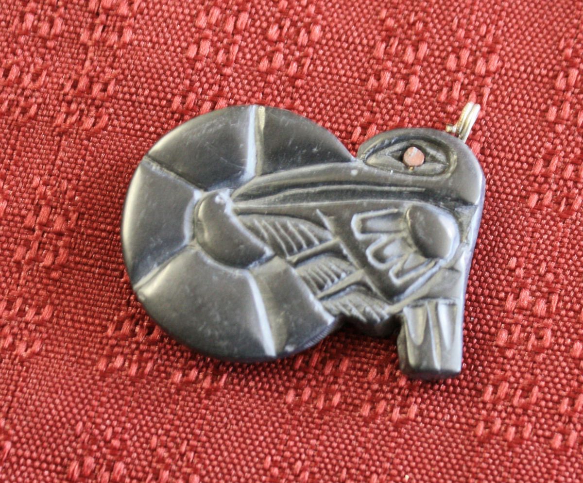 Haida Argillite Humming Bird w Red Argillite Inlay Eye Pendant by 