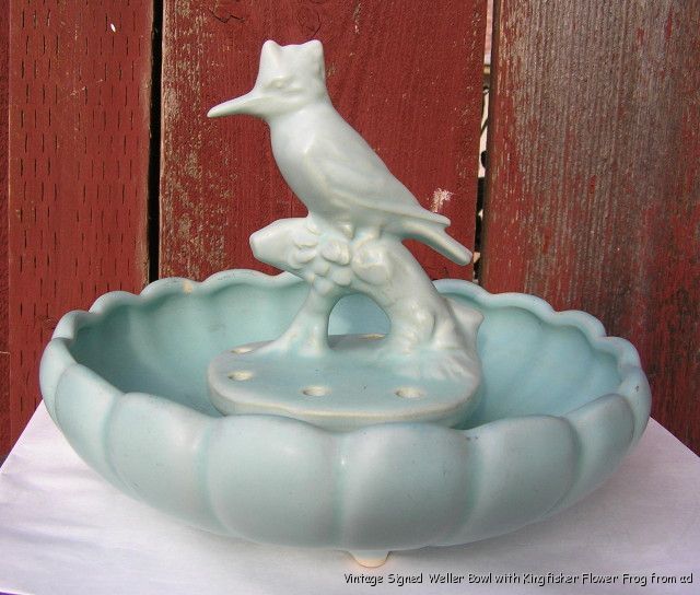 Vintage Signed Weller American Art Pottery Bowl Kingfisher Flower Frog 