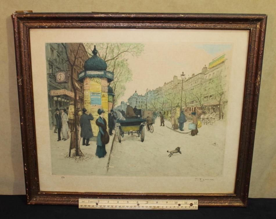 Antique T F Simon Etching Paris Street Scene Pencil Signed NR