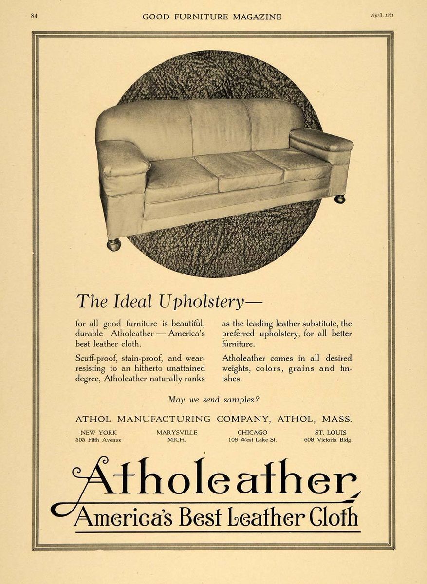 1921 Ad Athol Mfg Atholeather Upholstery Fabric Sofa ORIGINAL 
