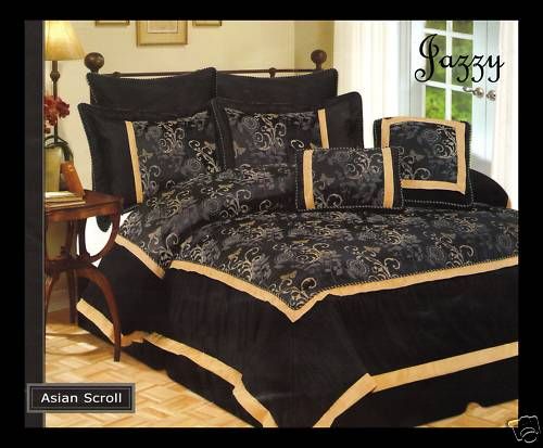 New Asian Scroll Black Gold 8PC Comforter Set Full