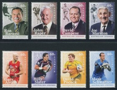 AUSTRALIAN LEGENDS OF FOOTBALL 2012   MUH STAMP SET NRL AFL SOCCER 