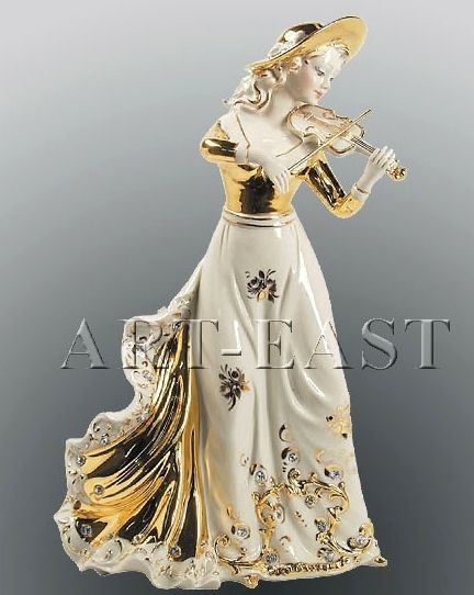 LADY VIOLIN Sabadin Vittorio STUNNING SCULPTURE Porcelain Gold Plated 