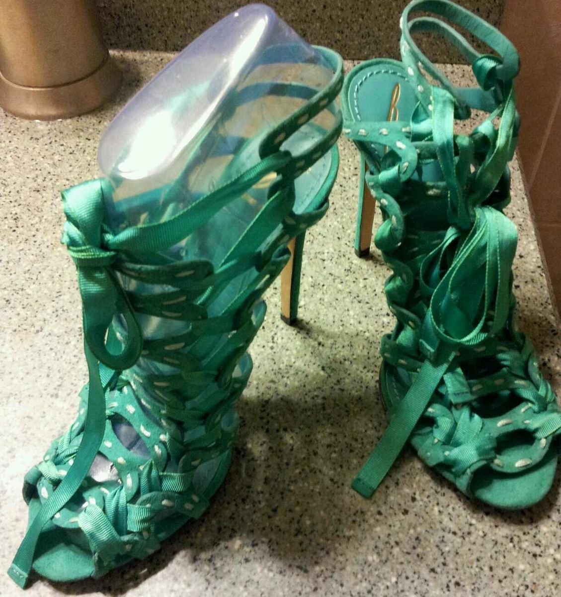 Brian Atwood Lace Up Green Ribbon Strappy Heel Shoes Size 6