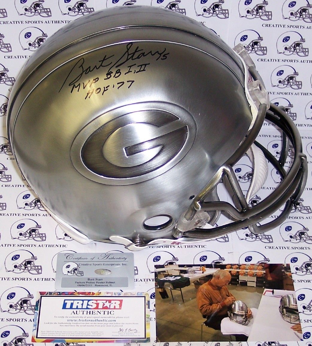 Bart Starr Signed Packers Pewter Full Size Pro Helmet