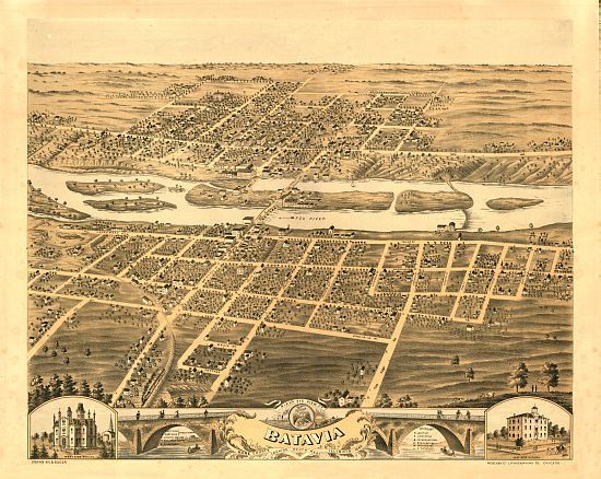 Batavia Birds Eye View Map 1869 Illinois Kane County Birds eye view 