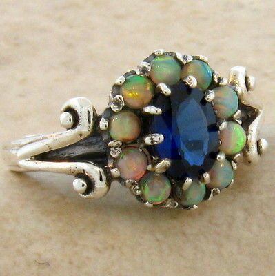 SAPPHIRE & OPAL ANTIQUE DESIGN .925 STERLING SILVER RING SIZE 7 