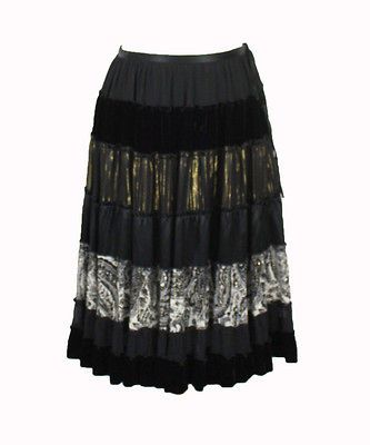 BCBG Max Azria Black Ruffled Tier Metallic Hippie Indie Boho Full 