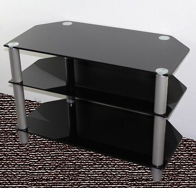 Carromata 32 Inch Glass and Metal TV Stand, Black Glass and Metallic 