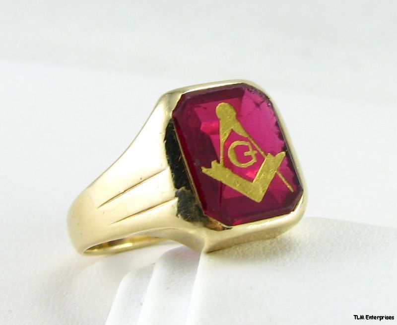 Red Stone* Vintage Classic Mens MASON   14K Yellow GOLD A+ Masonic 