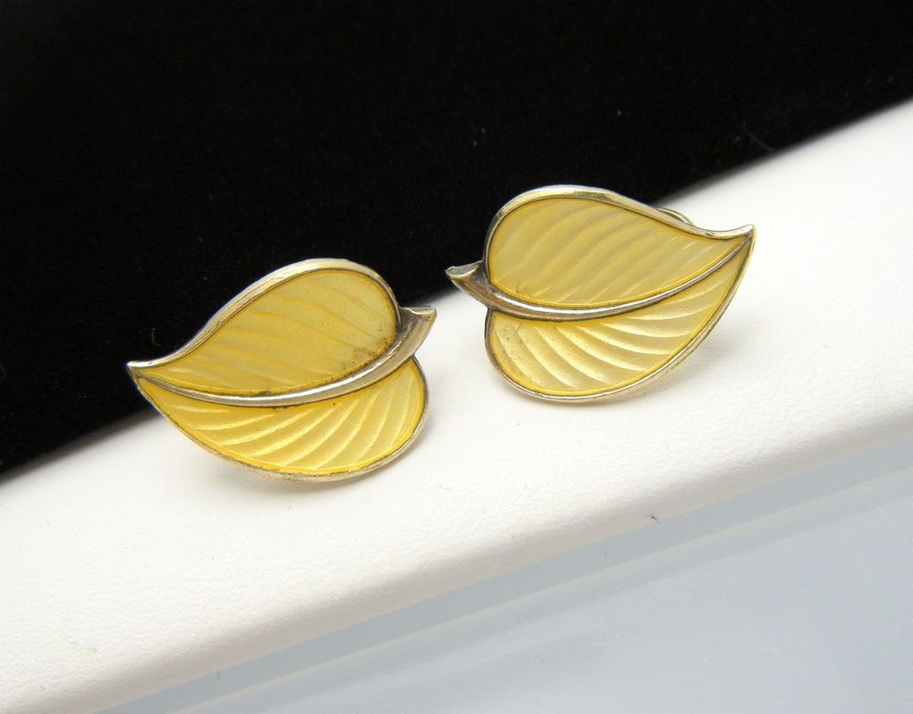 Norway Sterling Enamel Earrings Yellow Leaf HROAR PRDYZ Crown Mark