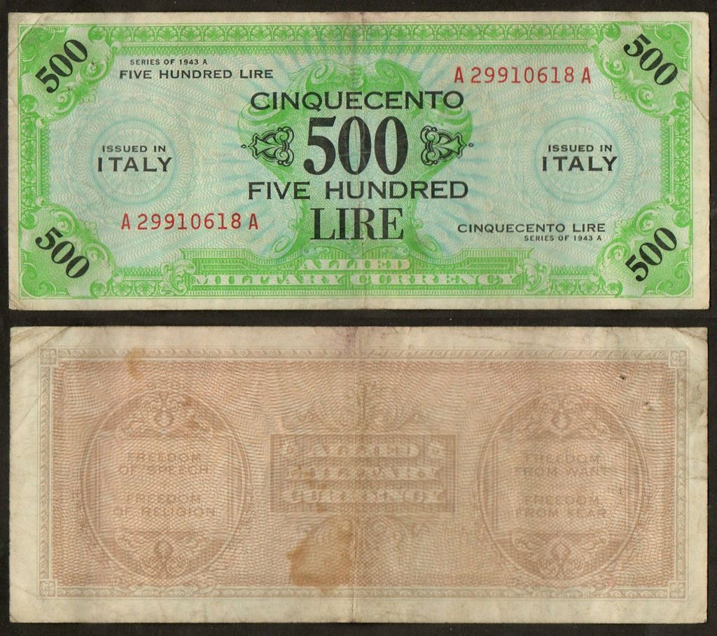 ALLIED MILITARY CURRENCY 500 LIRE 1943 M#22 CRISP NOTE f vf