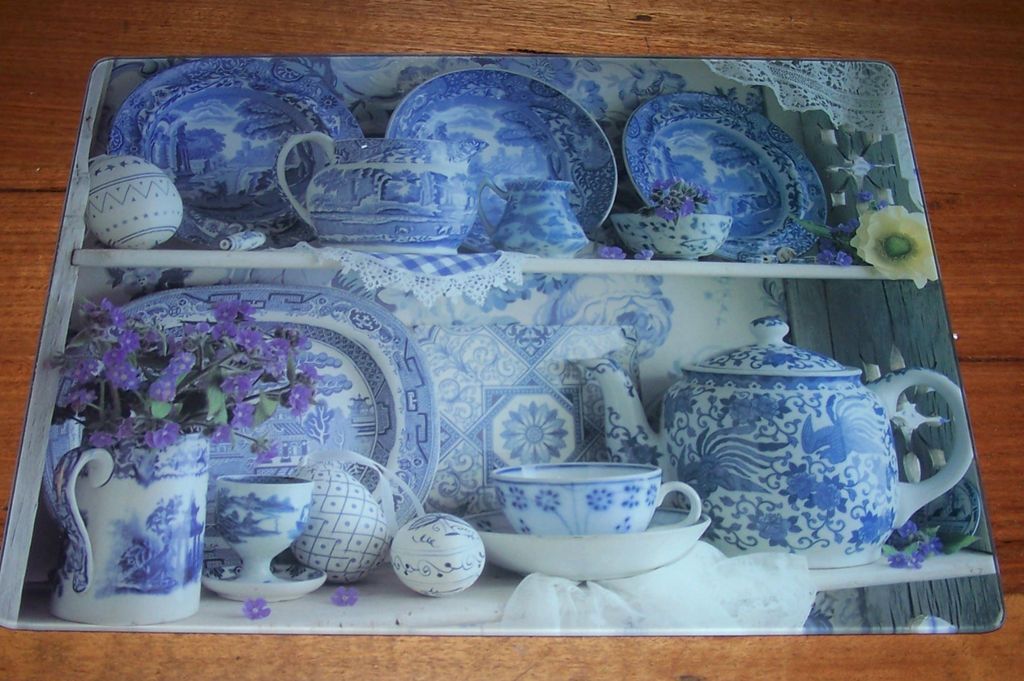 Blue And White China Pattern, Glass Surface Protector, Teapot, Jug 