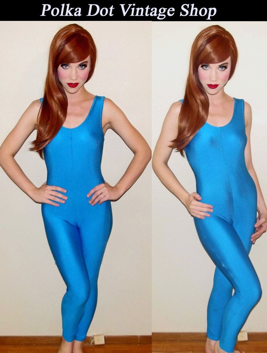 Womens Vintage 80s Bright Blue GLOSSY Ribbed SPANDEX Bodysuit Unitard 