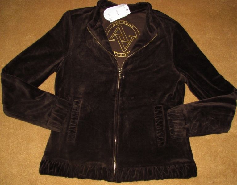 Adrienne Vittadini DK Brown Velour Zip Front Ruffle Hem Jacket Womens 