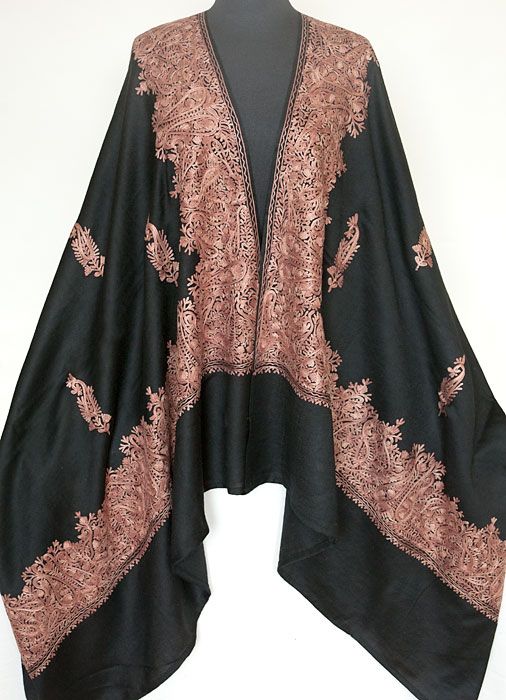 Large, Embroidered Shawl. Black Wool & Rose Crewel Embroidery. Kashmir 