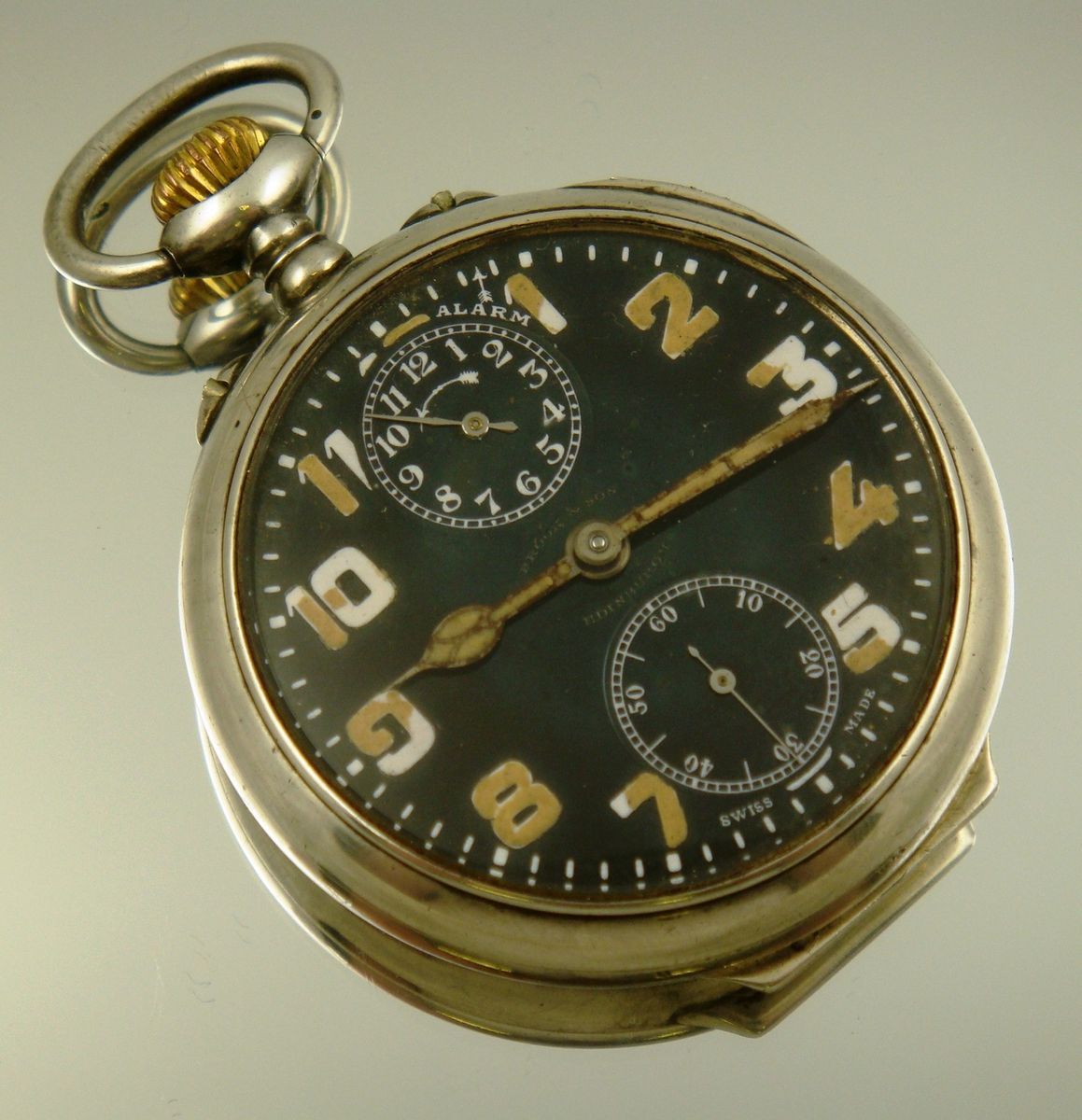 Solid Silver Black Dial Zenith Alarm Pocket Watch C1920