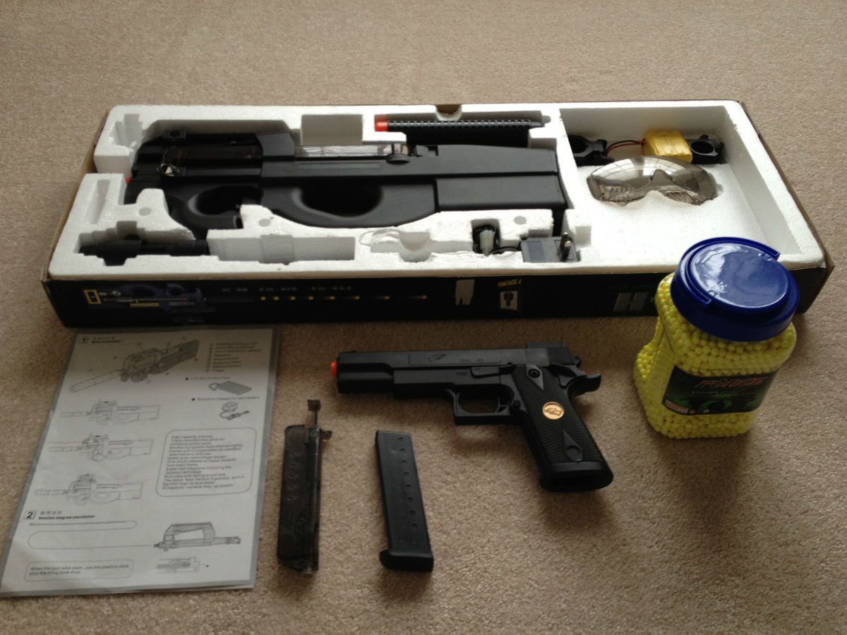 Airsoft Gun Pair P90 Desert Eagle LOTS of Accessories BBs