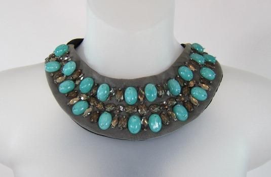 CAROLINA AMATO NECKLACE BLACK SILK SASH WITH TURQUOISE PEWTER BEADING 