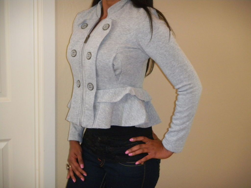 SEXY GRAY FEMININE RUFFLE FRENCH TERRY COAT JACKET MILITARY CHIC SML 