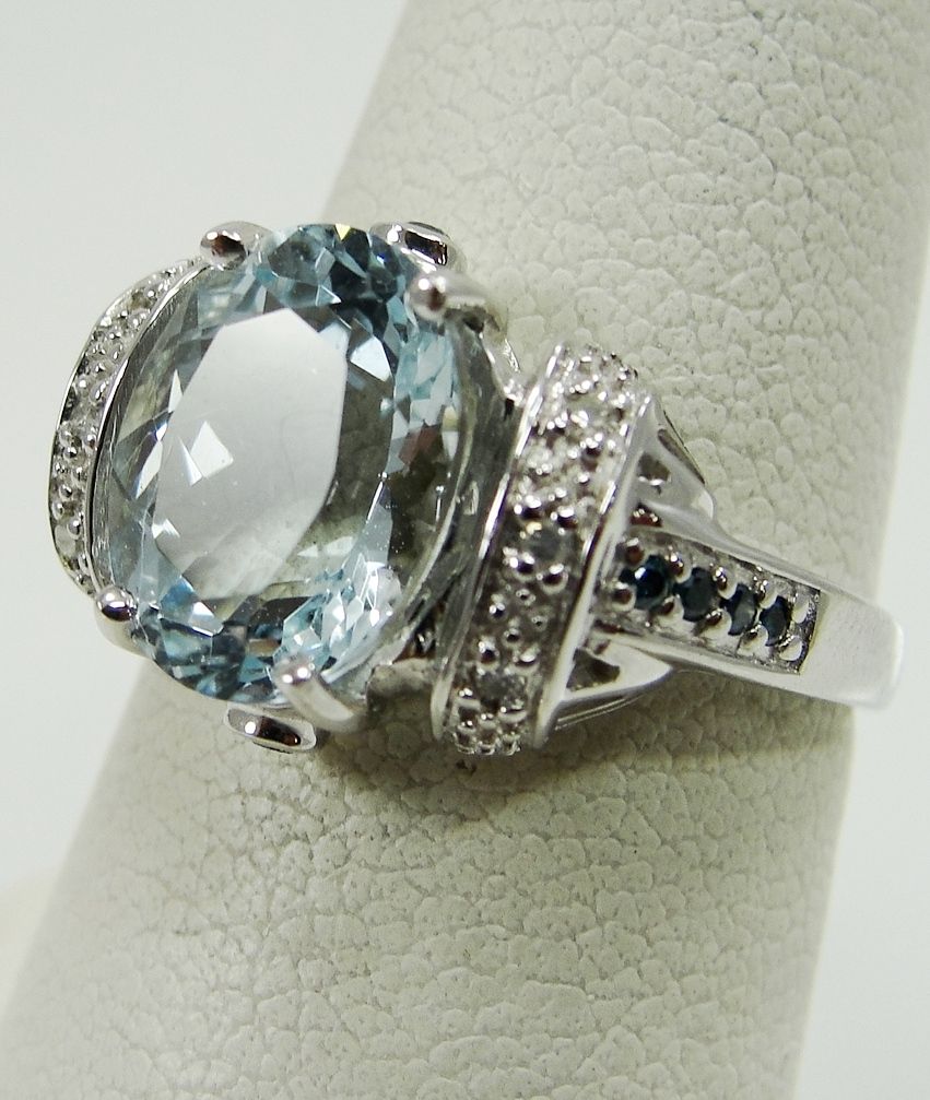 10K White Gold Aquamarine Ring Solitaire Blue Diamond Clear Accent 