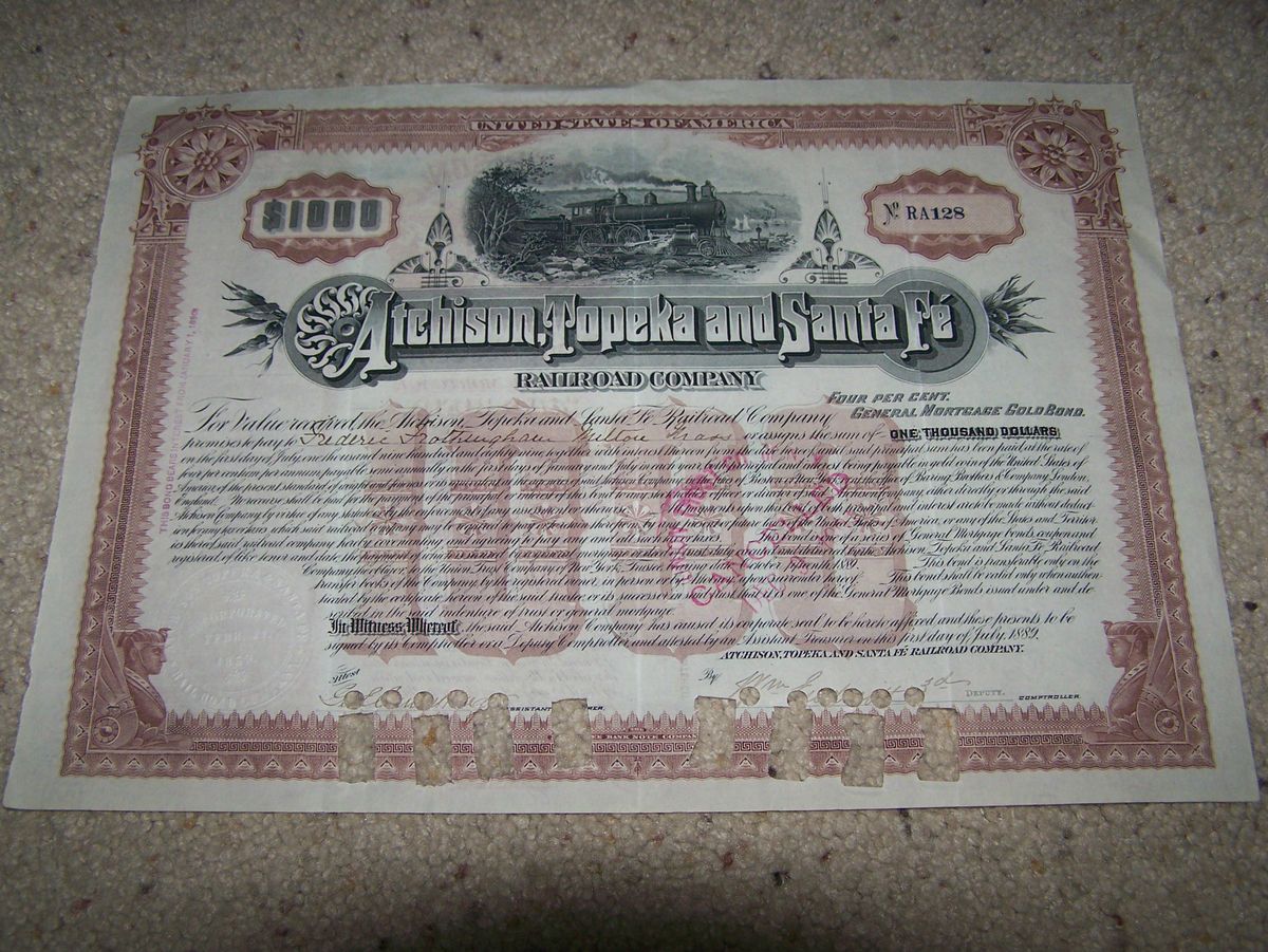 Atchison Topeka and Santa Fe Railroad 1000 Mortgage Bond 1800s