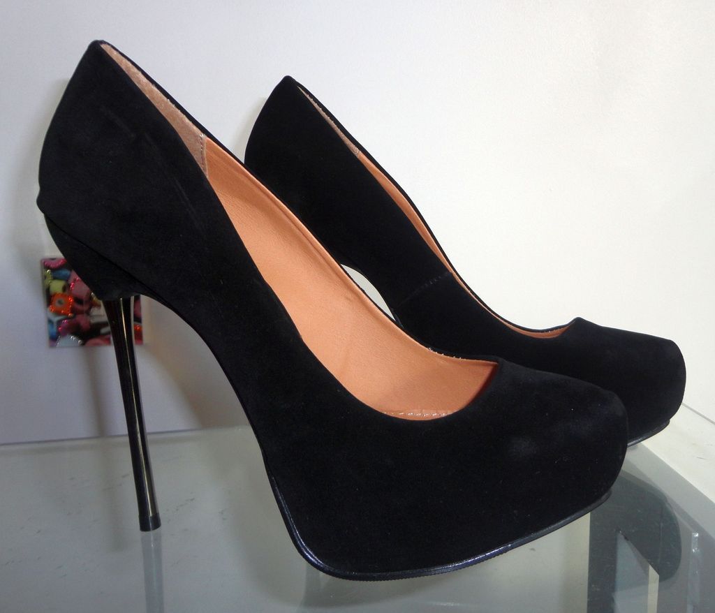 NEW BOUTIQUE SUEDETTE METAL HEEL PLATFORM BLACK COURT SHOES