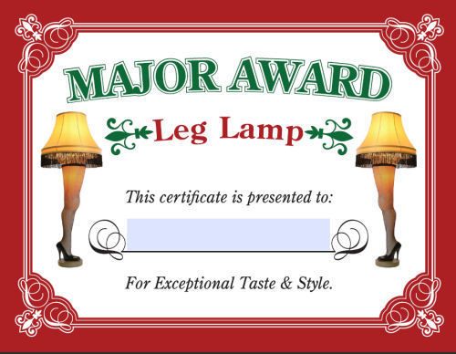 New MAJOR AWARD LEG LAMP CERTIFICATE personalization Is FREE