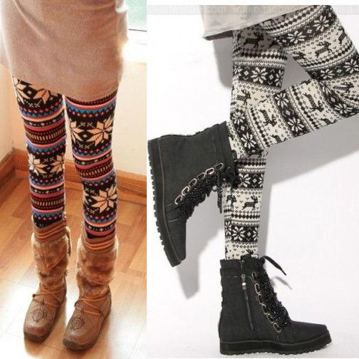 Fashion Womens Xmas Snowflake Reindeer Knitted Warm Leggings Tights 