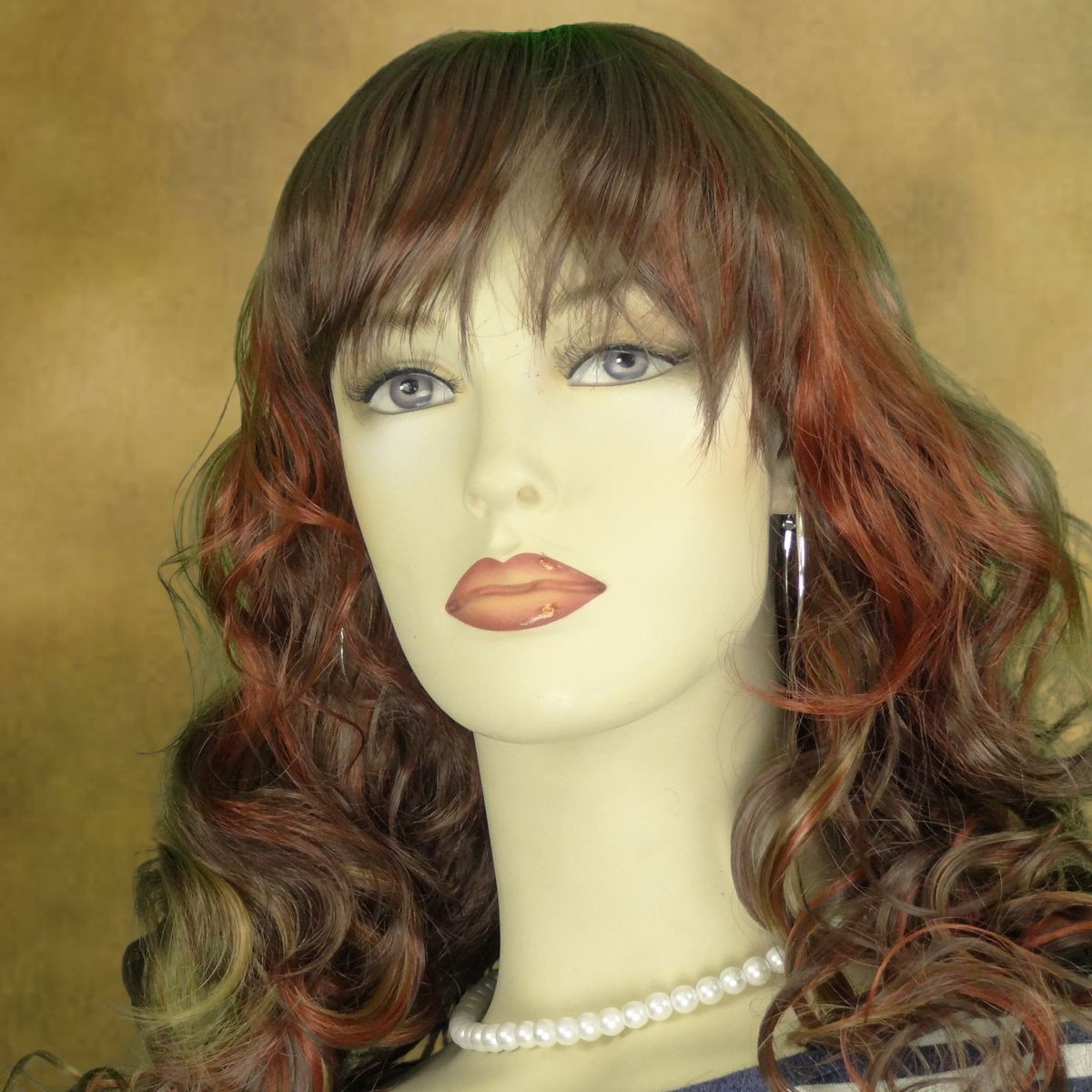 Long Wavy Auburn Red Mix Wig with Bangs Sexy Costume W9123