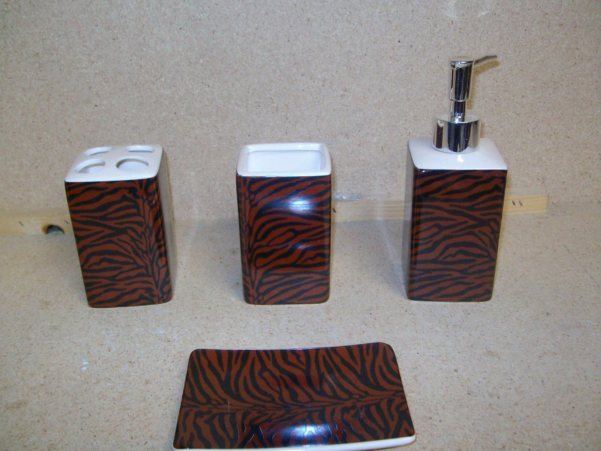 4pcs Bath Accessory Set Brown Zebra Print Bathroom Toothbrush Tumbler 