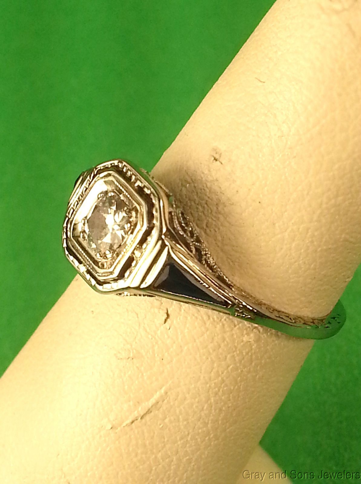 Amazing Art Deco Ladies Filigree Diamond and Sapphire Ring in 18K 