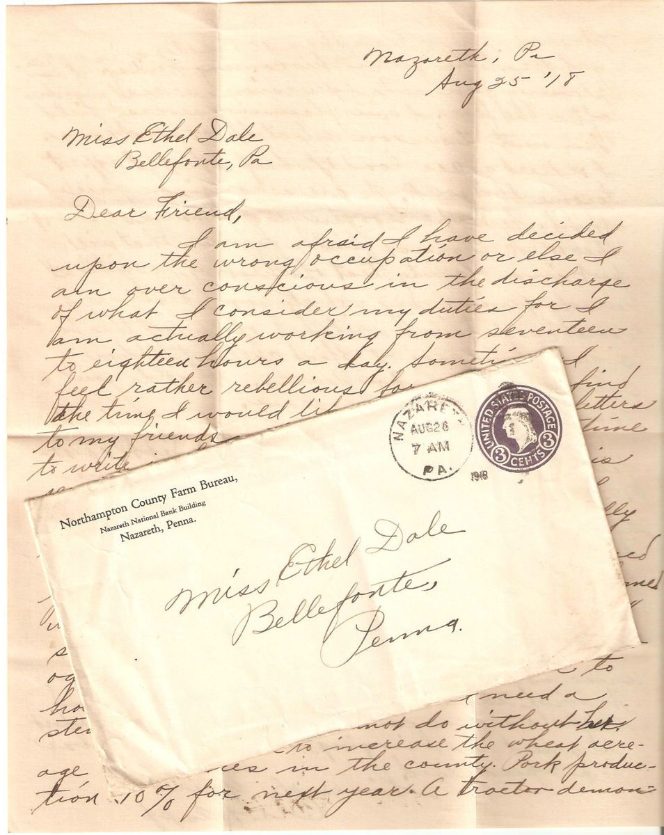    cover Letter Northampton Co Farm Bank Bellefonte Car Tractor WWI War