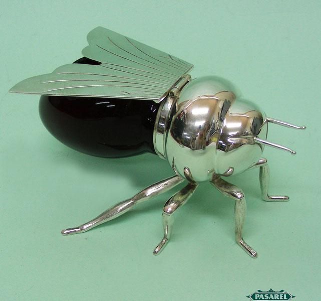 Novelty English Silver Plated And Glass Bee Honey Dish / Jar