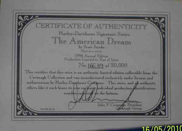 American Dream Harley Davidson Lidded Stein COA