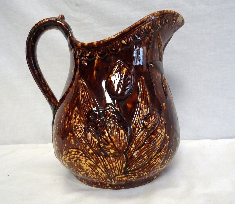 Large Bennington Spongeware Rockingham Brown Water Pitcher Jug LARGE w 