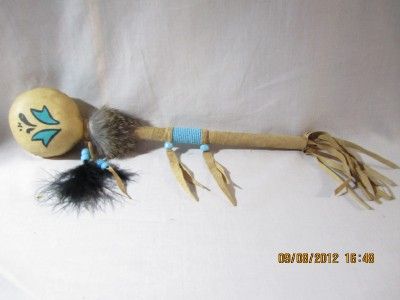 Navajo Indian Spirit Stick Leather & Fur Beaded Rattle 12 Long