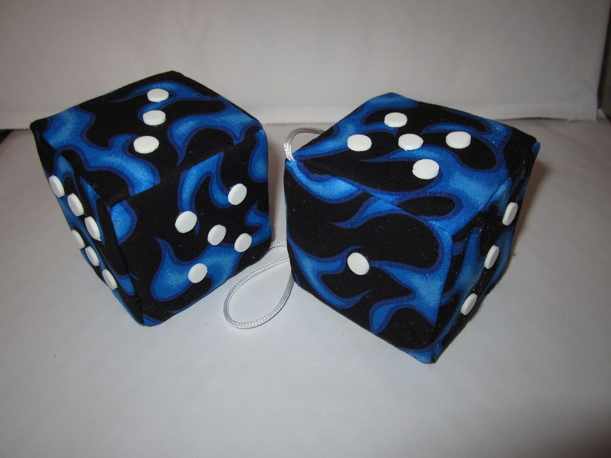 BIG BLUE BLACK FLAME FUZZY DICE classic 50s 60s mirror hangers