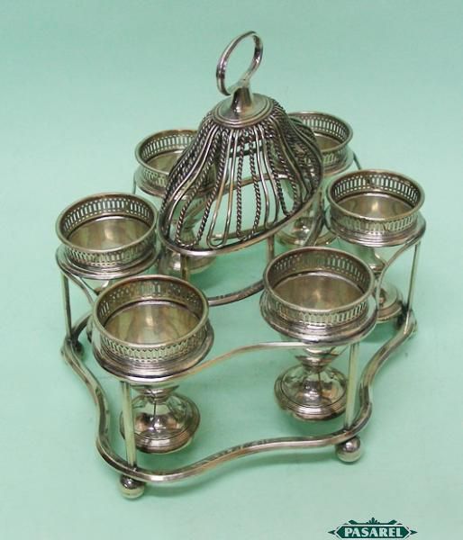 Antique Old Sheffield Plate Breakfast Egg Cups Cruet Set on Stand 