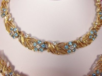 Vtg LISNER Gold Aqua Blue & Crystal Rhinestone Flower Necklace 