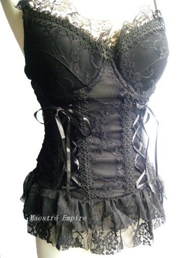 Gothic Punk Hook Lace Lolita Visual Bustier Boned Bondage Tiers Black 