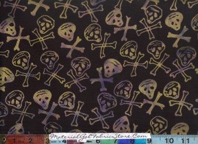 Fabri Quilt Wax Batik Fabric ~ Black w/Purple Green Skulls Crossbones 