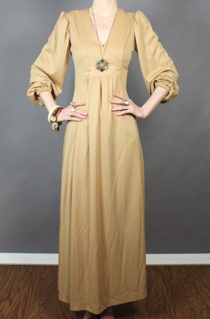 vintage 70s Stunning Pale Gold DISCO Balloon Slv. Empire Hippie Maxi 