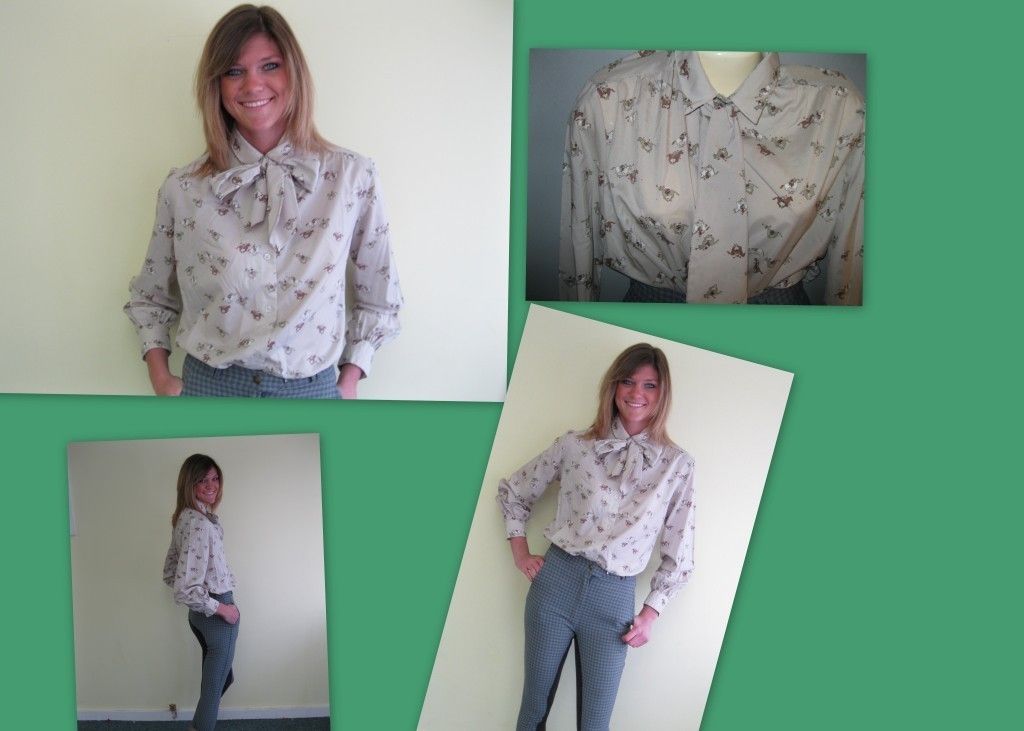 Vtg Breckinridge Polo Pony Riders Print Blouse w Ascot Bow Fun Sz 14 