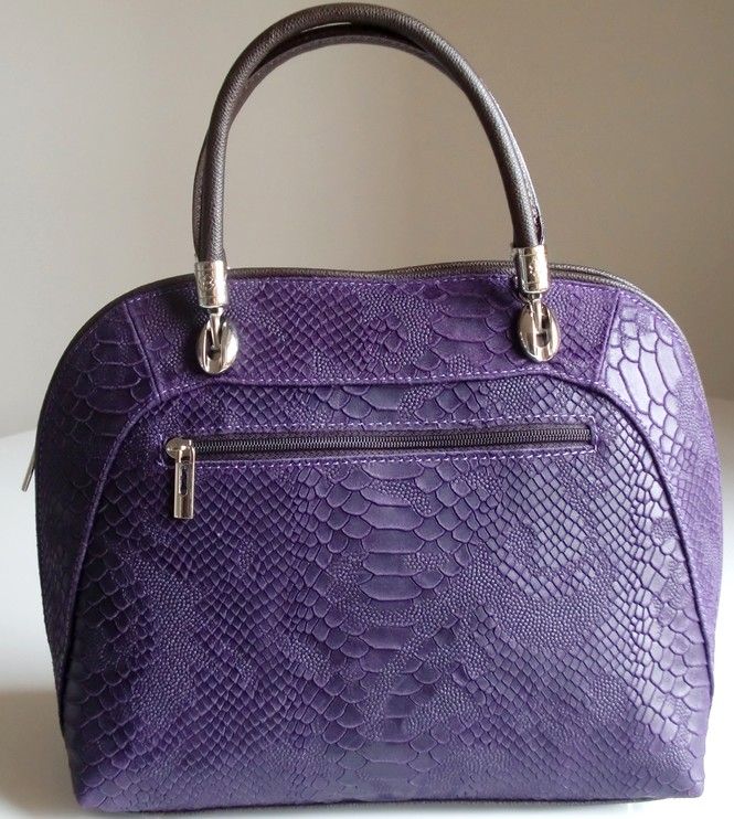 Borsa donna in vera pelle scamosciata stampa serpente viola e marrone 